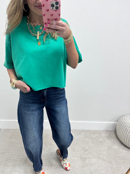 Kelly Green Washed Cropped Boxy Short Sleeve FS