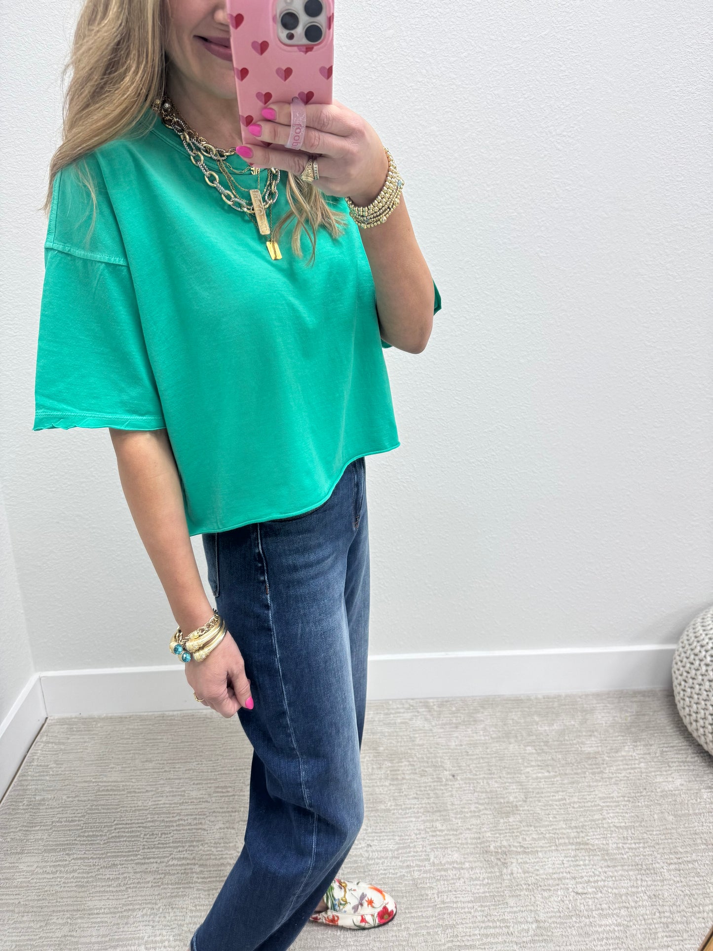 Kelly Green Washed Cropped Boxy Short Sleeve FS