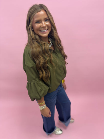 Ash Olive Button Down Bubble Sleeve Top