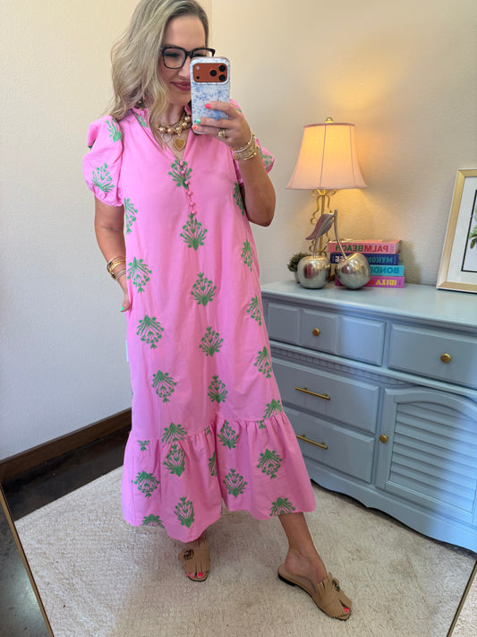 Pink Green Embroidered Ruffle Neck Dress