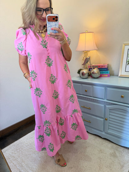 Pink Green Embroidered Ruffle Neck Dress
