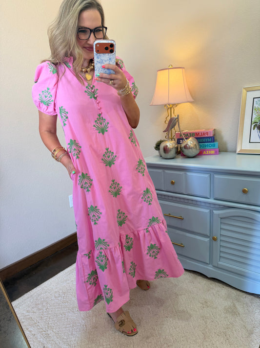 Pink Green Embroidered Ruffle Neck Dress