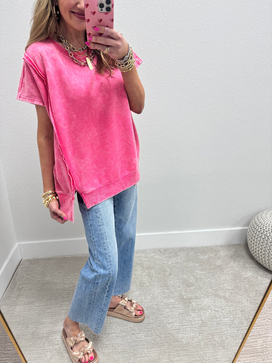 Fuchsia Mineral Washed Exposed Hem Short Sleeve