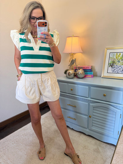 Green Coastal Charm Ruffle Sleeve Top