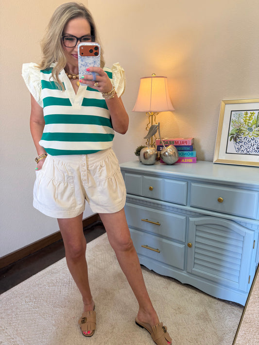 Green Coastal Charm Ruffle Sleeve Top