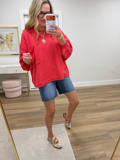 Risen Tummy Control Mid Rise Raw Cut Shorts