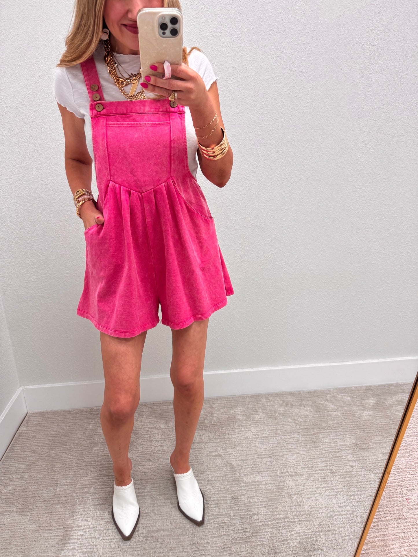 Pink Washed Romper with Button adjustable straps