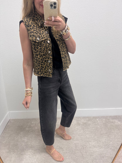 Beige Mix Leopard Printed Collared Casual Vest FS