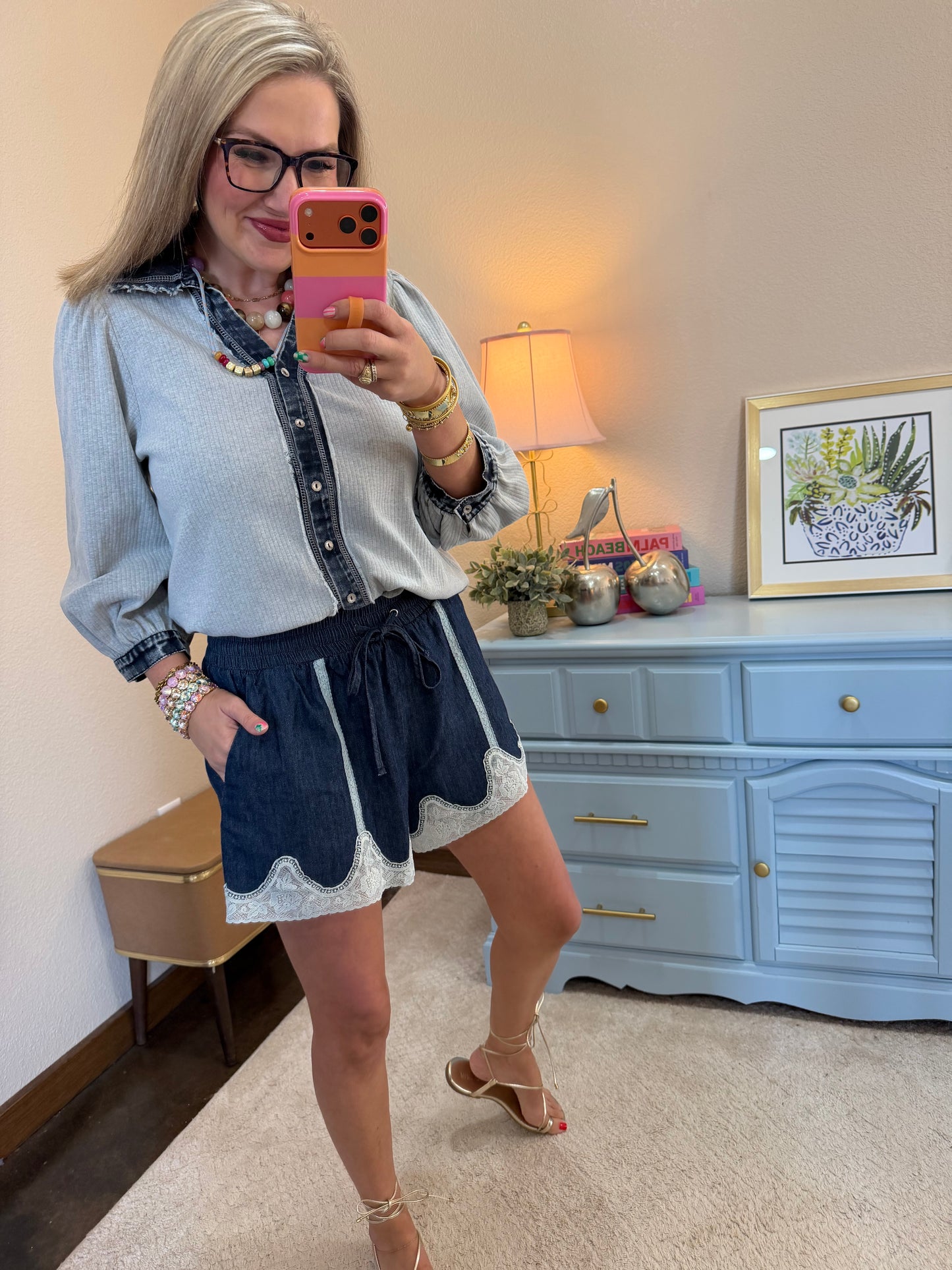 Heather Gray Denim Collar Button Up Top