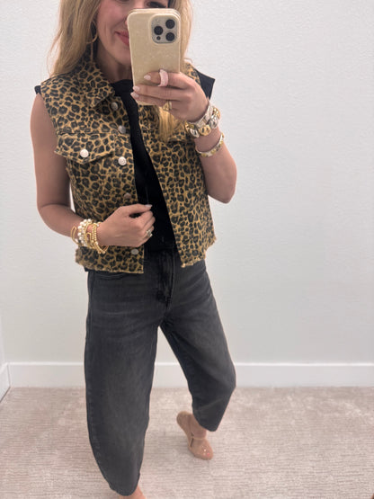 Beige Mix Leopard Printed Collared Casual Vest FS