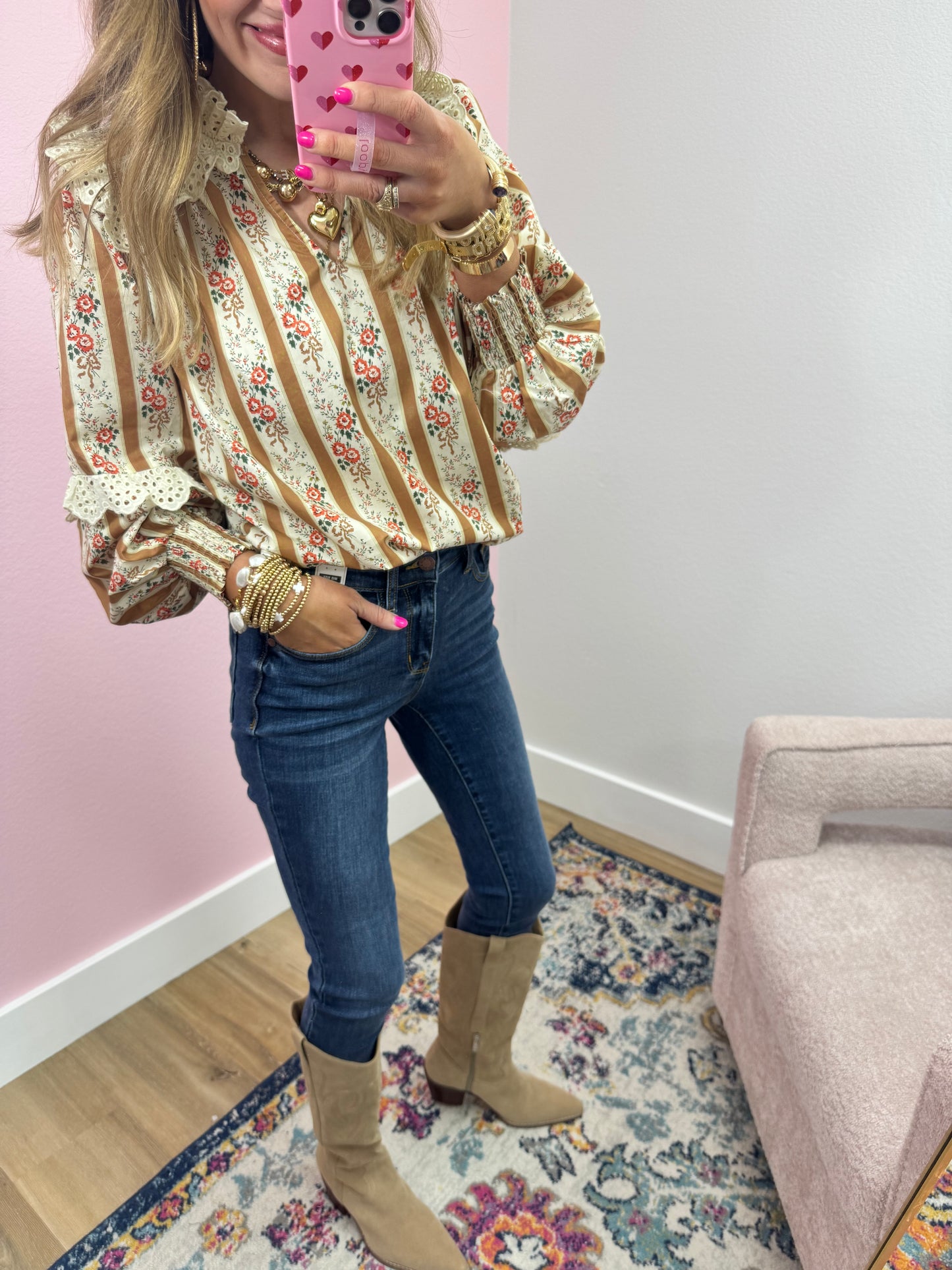 Mustard and Cream Eyelet Neck Top