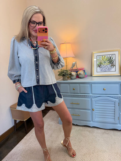 Heather Gray Denim Collar Button Up Top