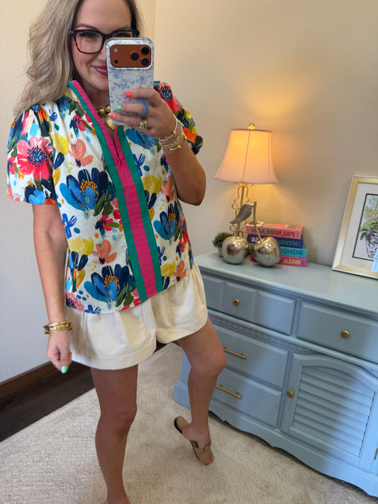 Front Stripe Quarter Zip Watercolor Floral Print Top