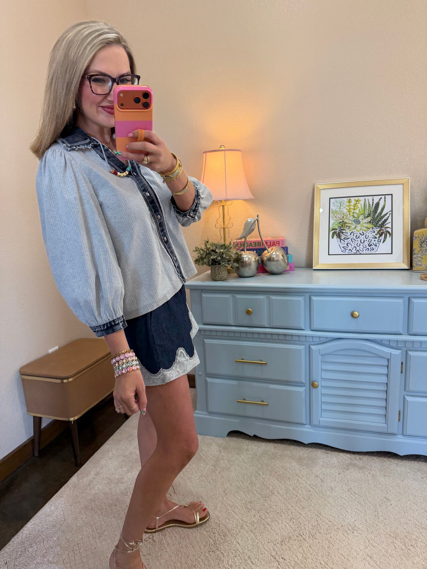 Heather Gray Denim Collar Button Up Top