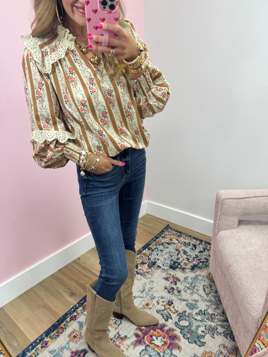 Mustard and Cream Eyelet Neck Top