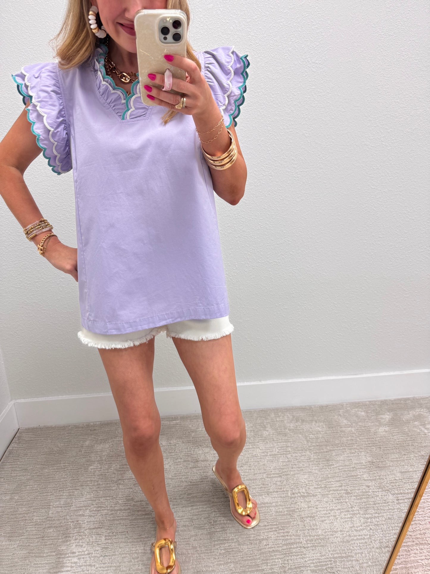 Periwinkle Scallop Trim Ruffle Sleeve Top