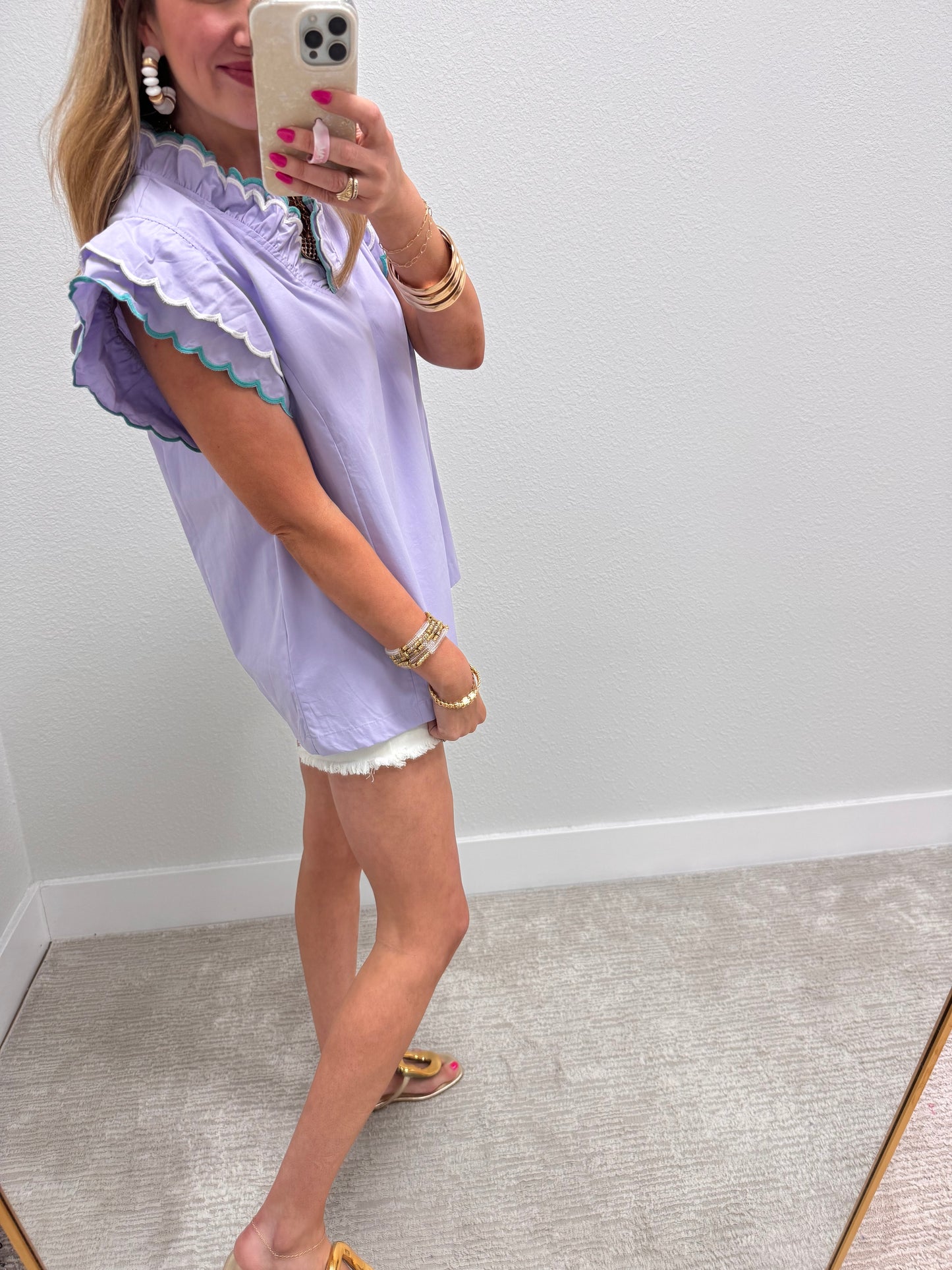 Periwinkle Scallop Trim Ruffle Sleeve Top