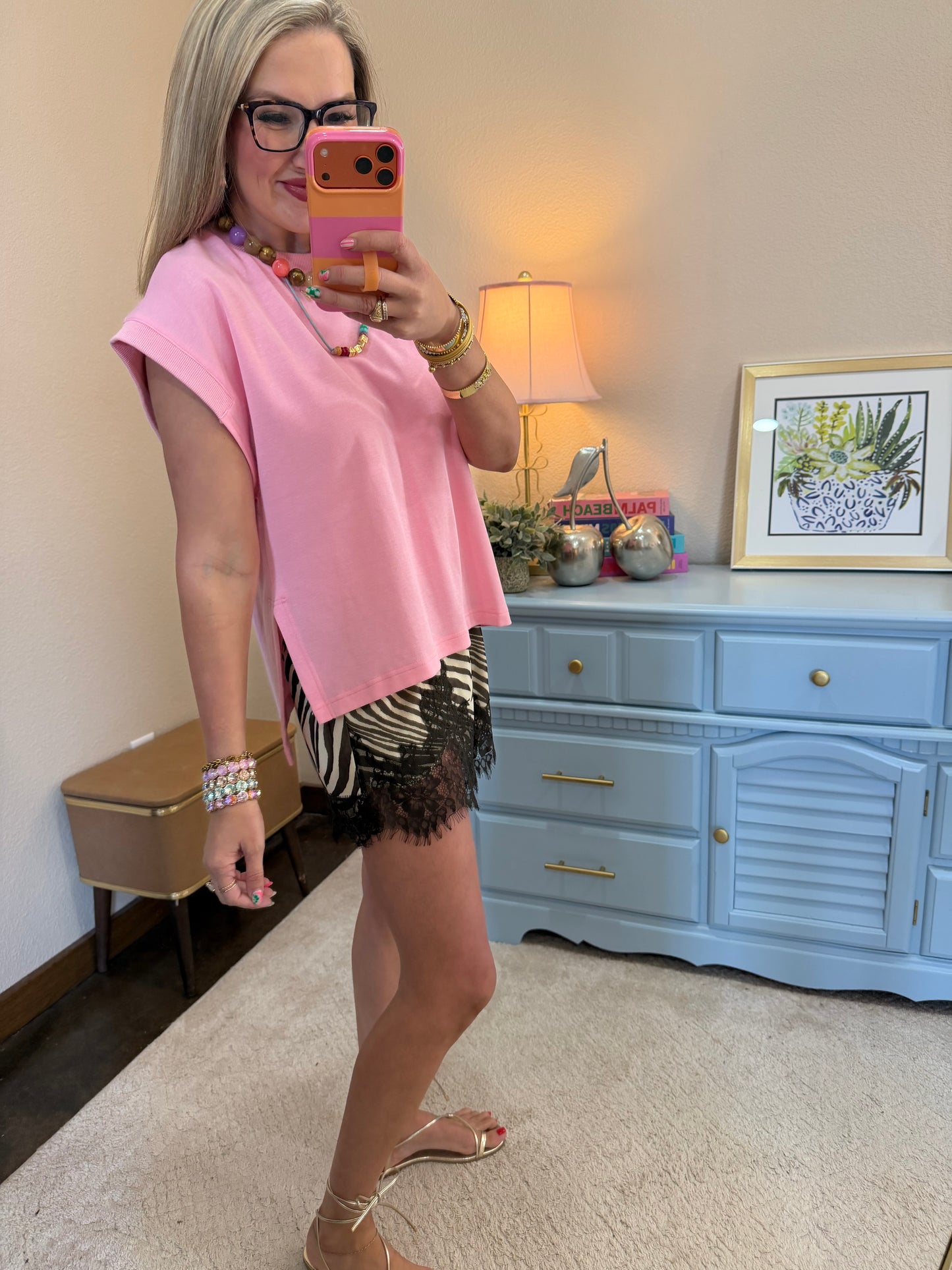 Zebra Print Lace Trim Shorts Cream & Brown