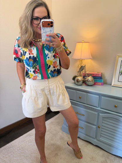 Front Stripe Quarter Zip Watercolor Floral Print Top