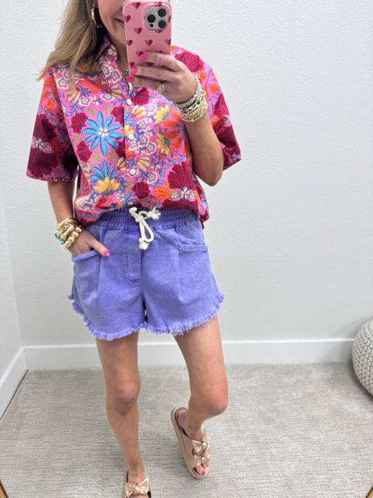 Lavender Washed Fray Hem Denim Shorts