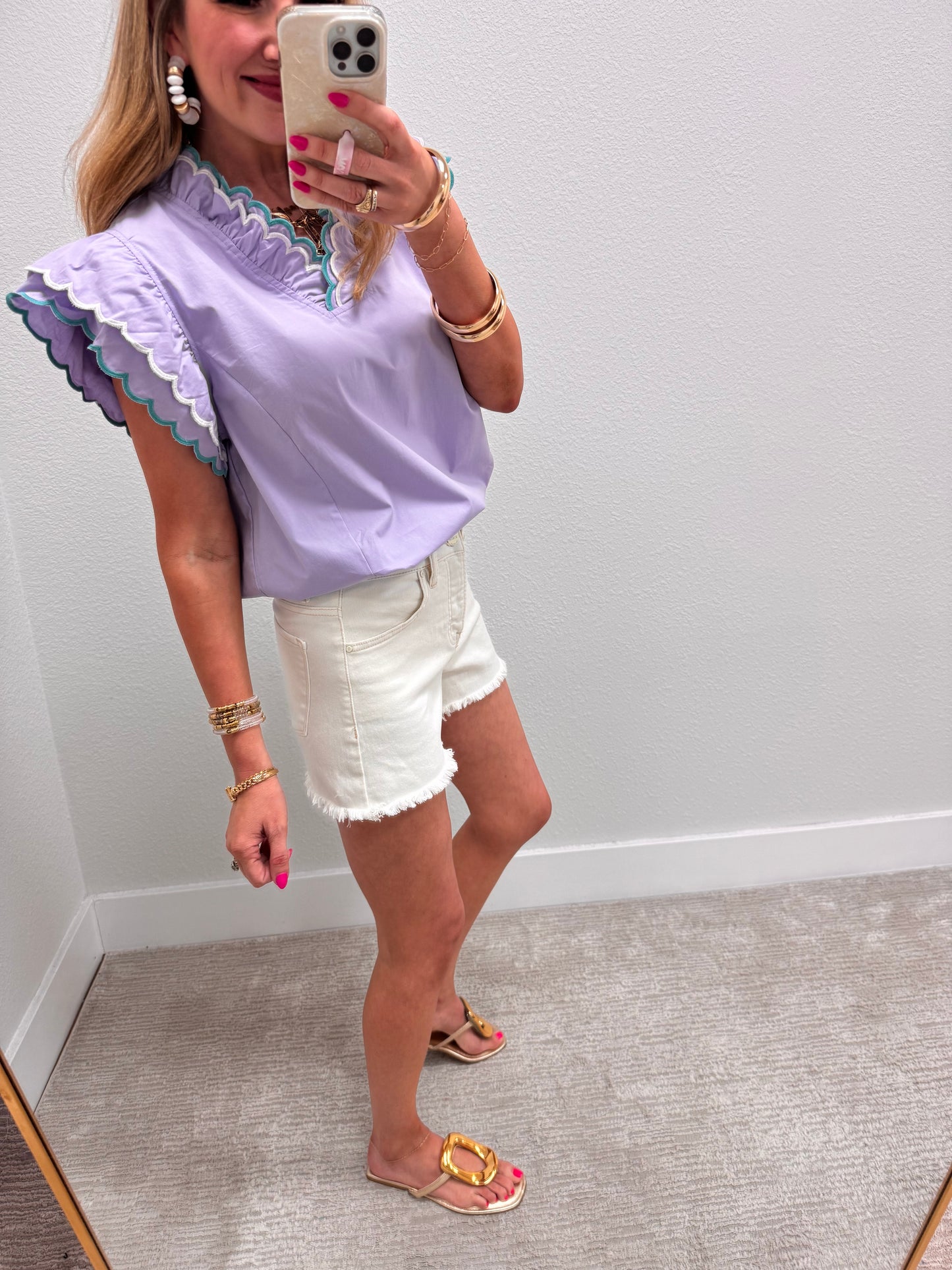 Periwinkle Scallop Trim Ruffle Sleeve Top