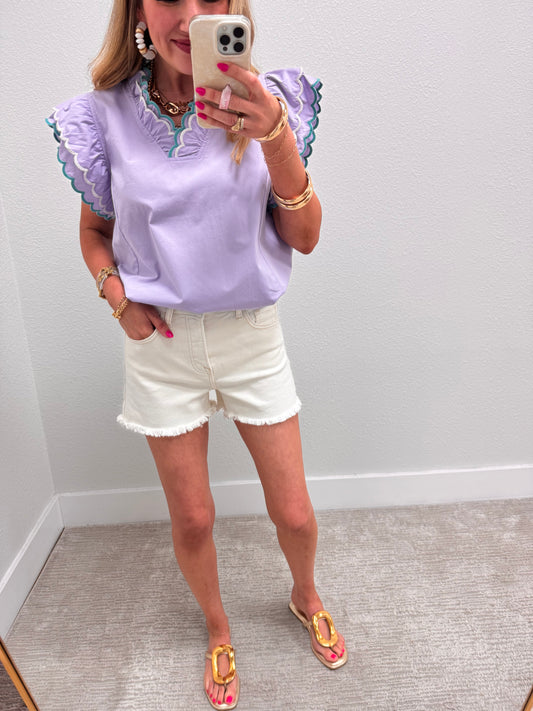 Periwinkle Scallop Trim Ruffle Sleeve Top