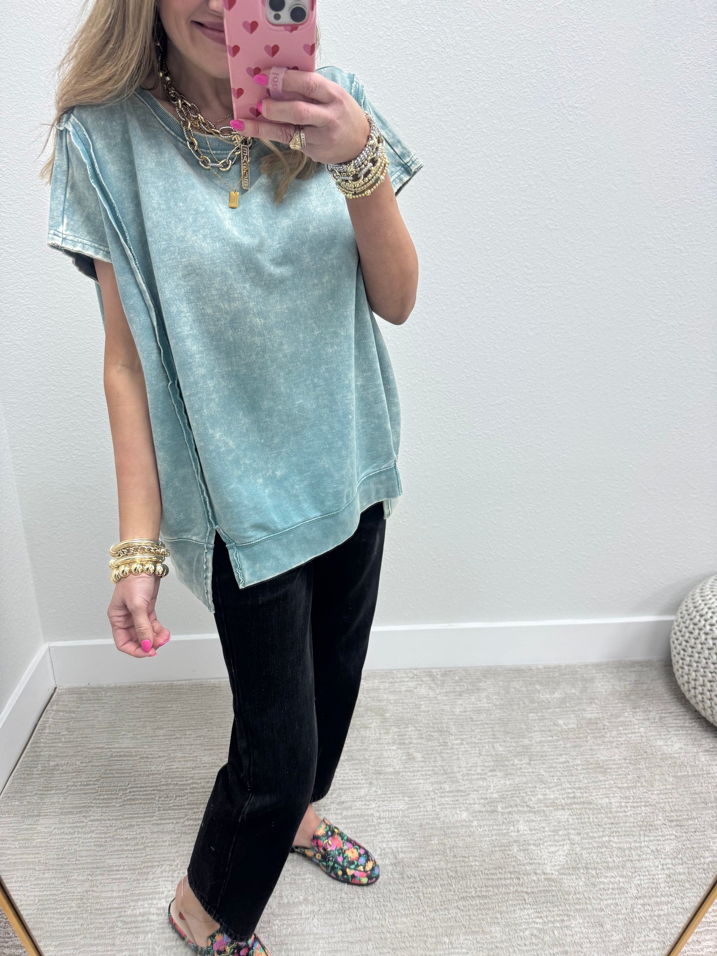 Ash Blue Mineral Washed Exposed Hem Short Sleeve