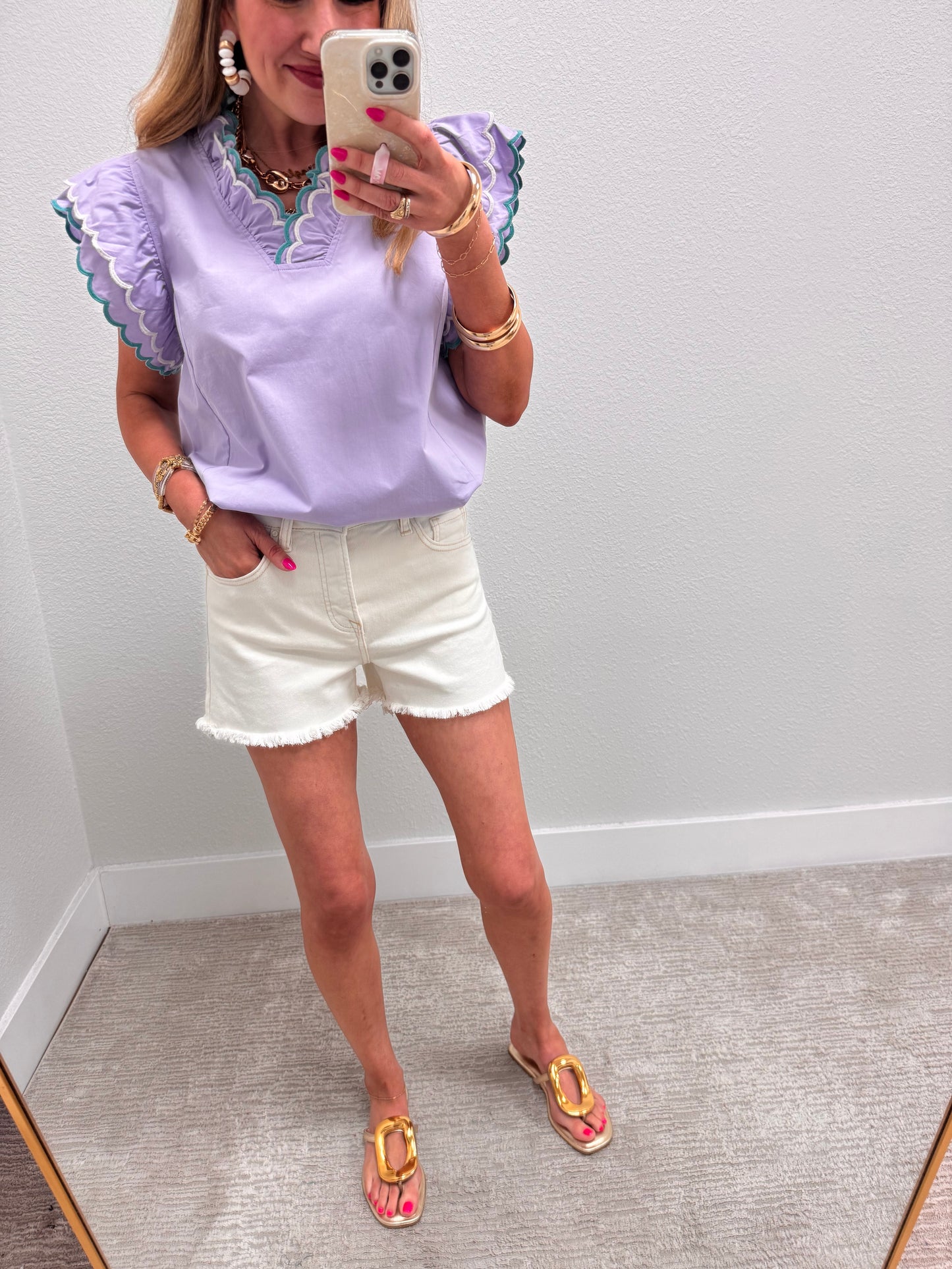 Periwinkle Scallop Trim Ruffle Sleeve Top