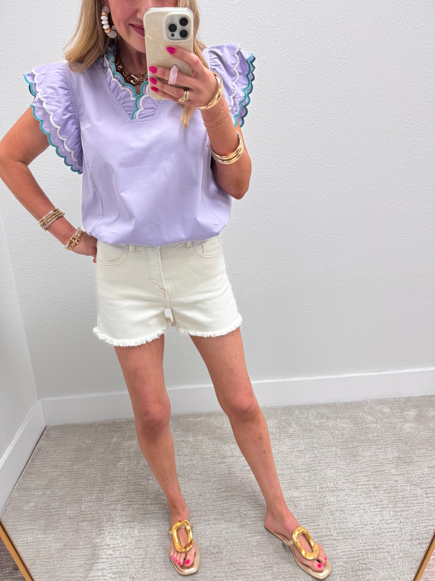 Periwinkle Scallop Trim Ruffle Sleeve Top