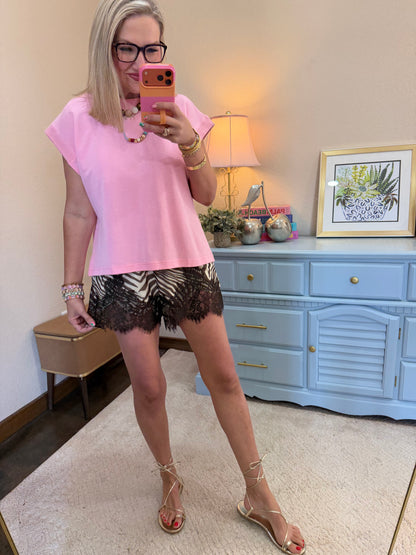 Zebra Print Lace Trim Shorts Cream & Brown