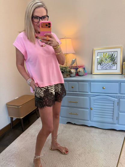 Zebra Print Lace Trim Shorts Cream & Brown