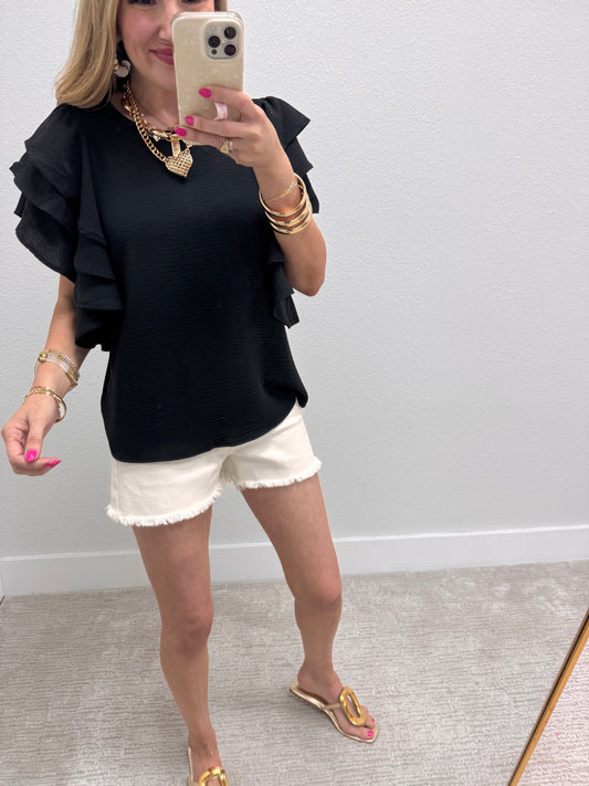 Black Triple Ruffle Sleeve Top