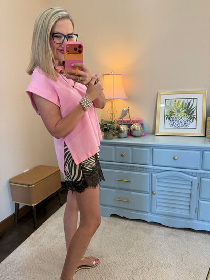 Zebra Print Lace Trim Shorts Cream & Brown