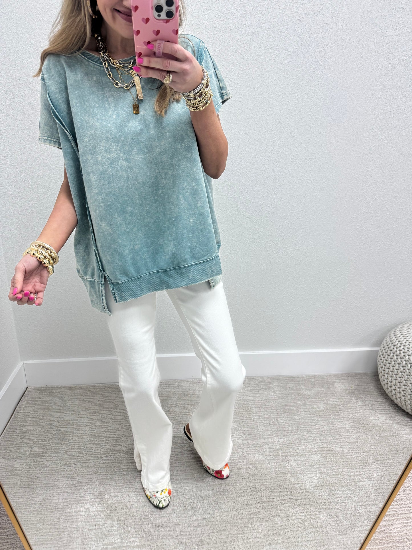 Ash Blue Mineral Washed Exposed Hem Short Sleeve