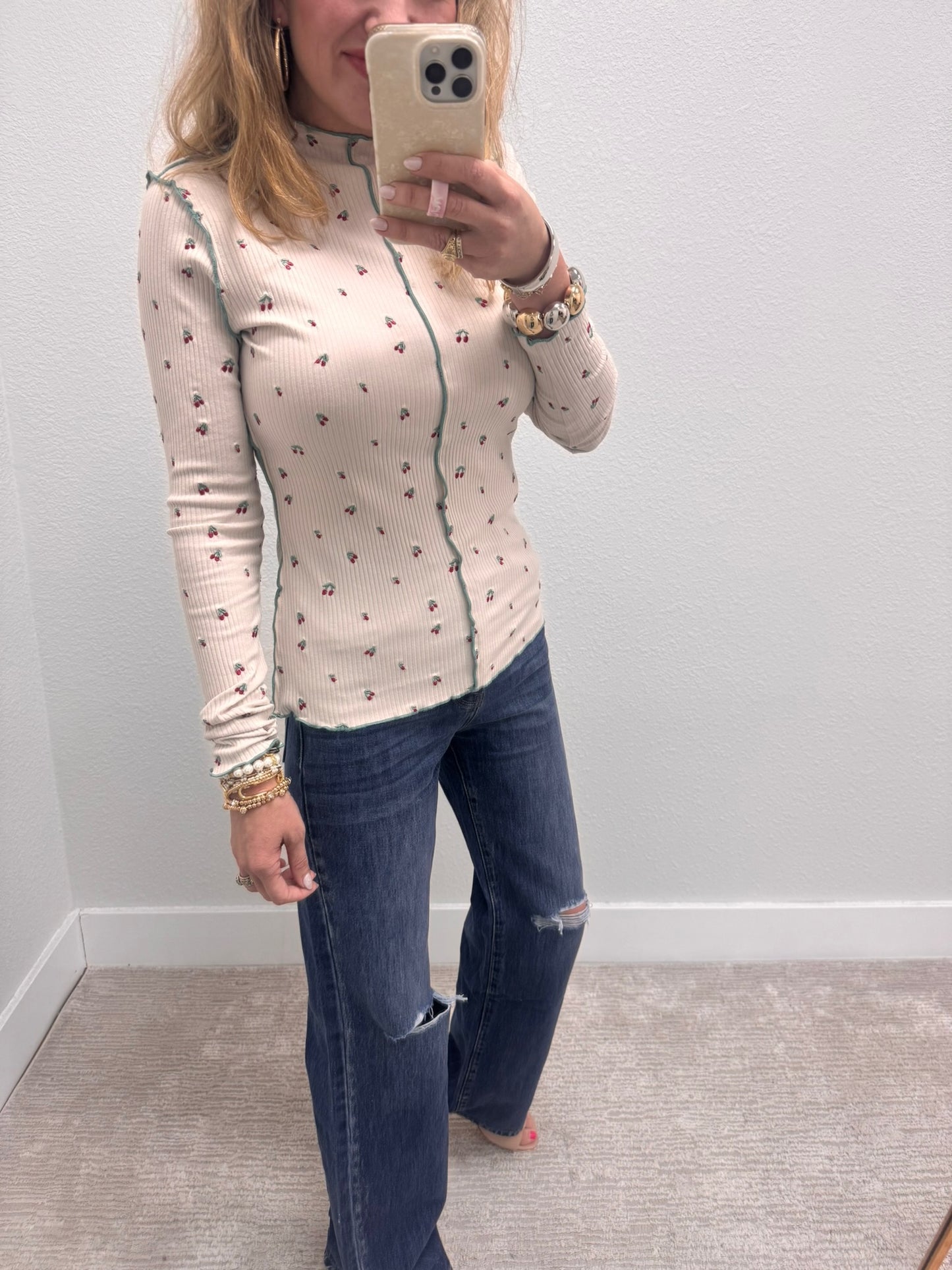Ecru Cherry Print Thermal Top