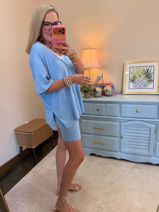 Light Blue Pima Cotton Vneck Two Piece Biker Short Set