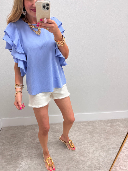 Spring Blue Triple Ruffle Sleeve Top