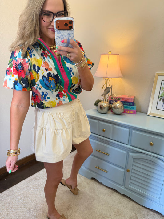 Cream High Waist Ruffle Shorts