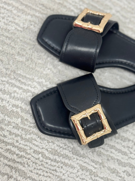 Gold Bamboo Buckle Black Sandals