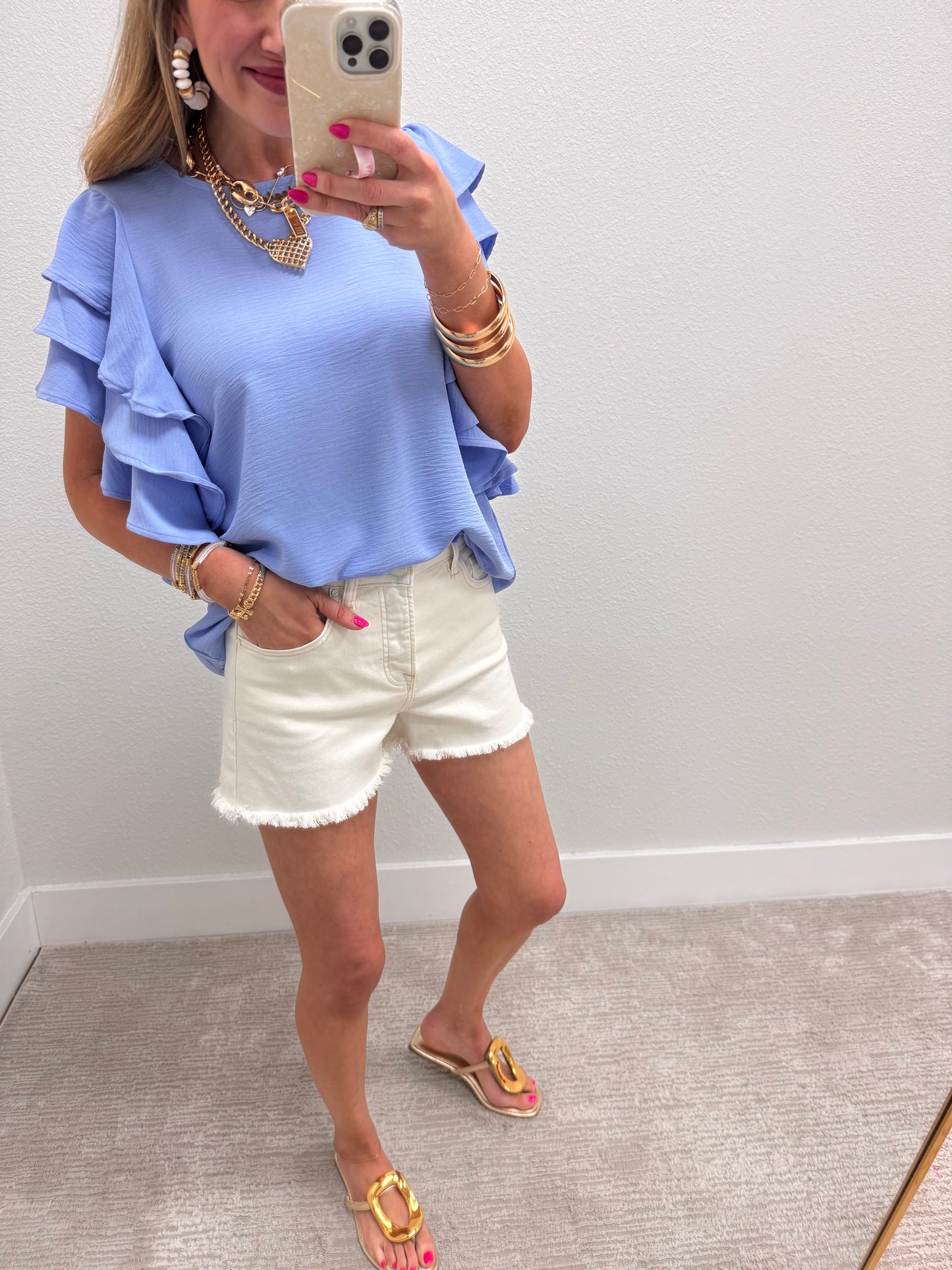 Spring Blue Triple Ruffle Sleeve Top