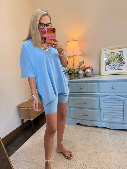 Light Blue Pima Cotton Vneck Two Piece Biker Short Set