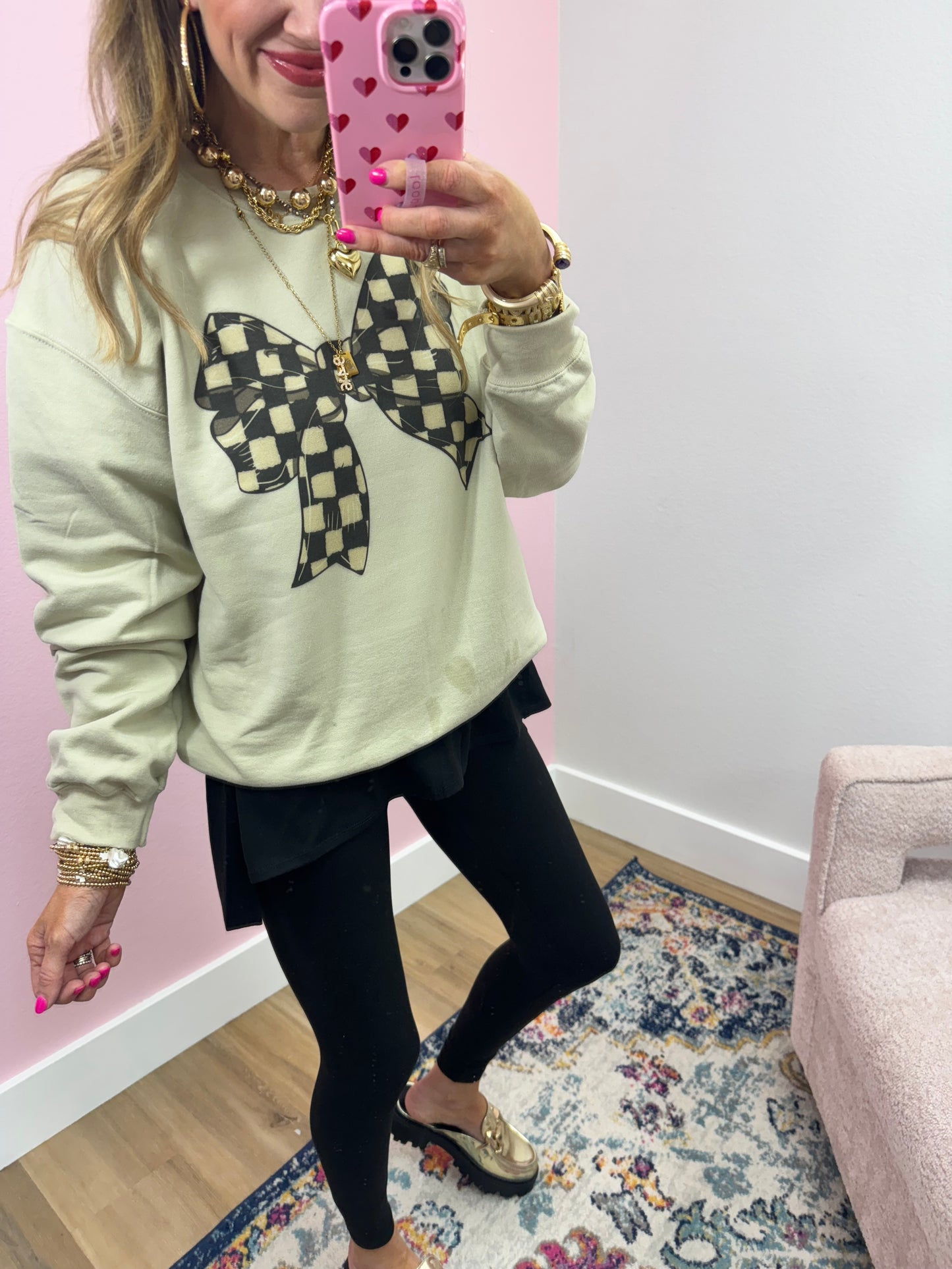 Checkered Bow Crew Neck Sweatshirt FS