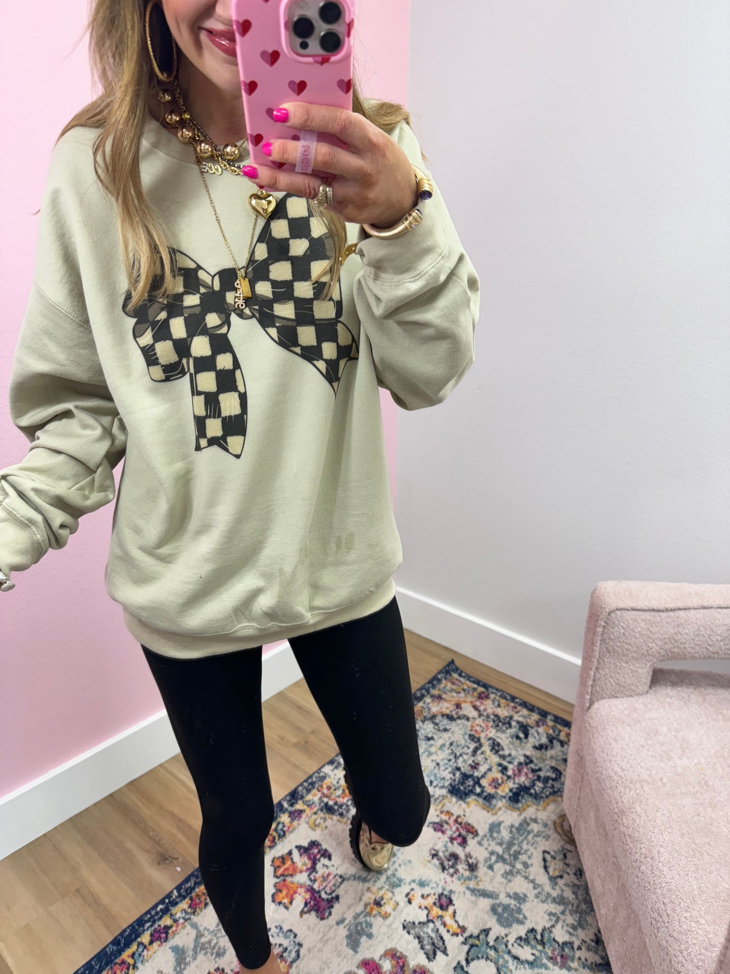 Checkered Bow Crew Neck Sweatshirt FS