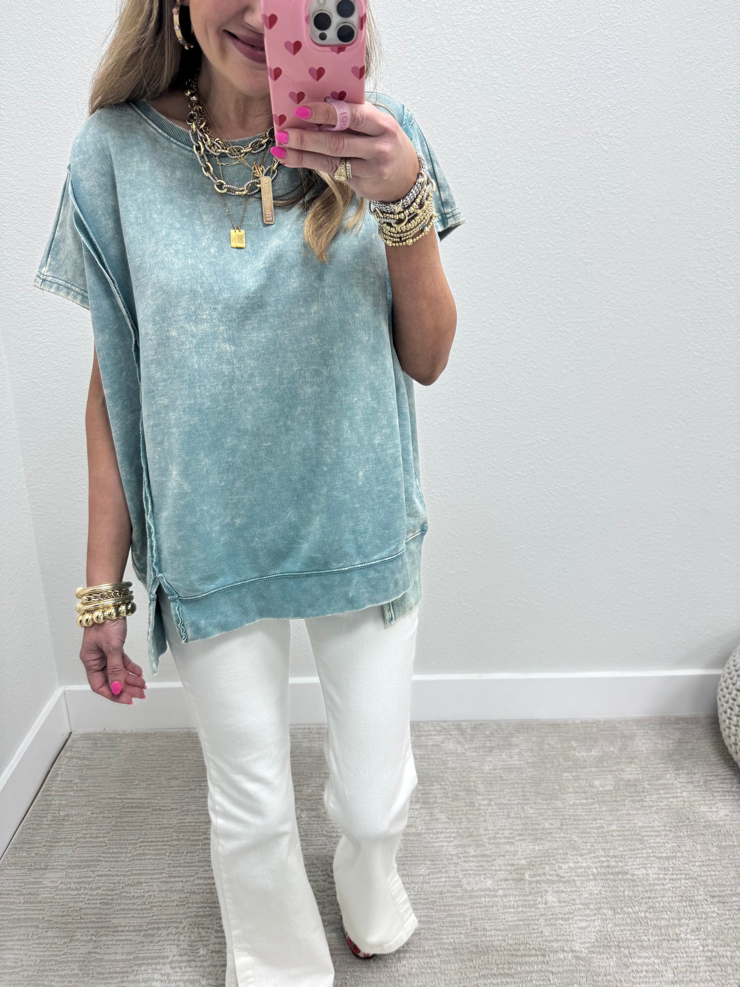 Ash Blue Mineral Washed Exposed Hem Short Sleeve
