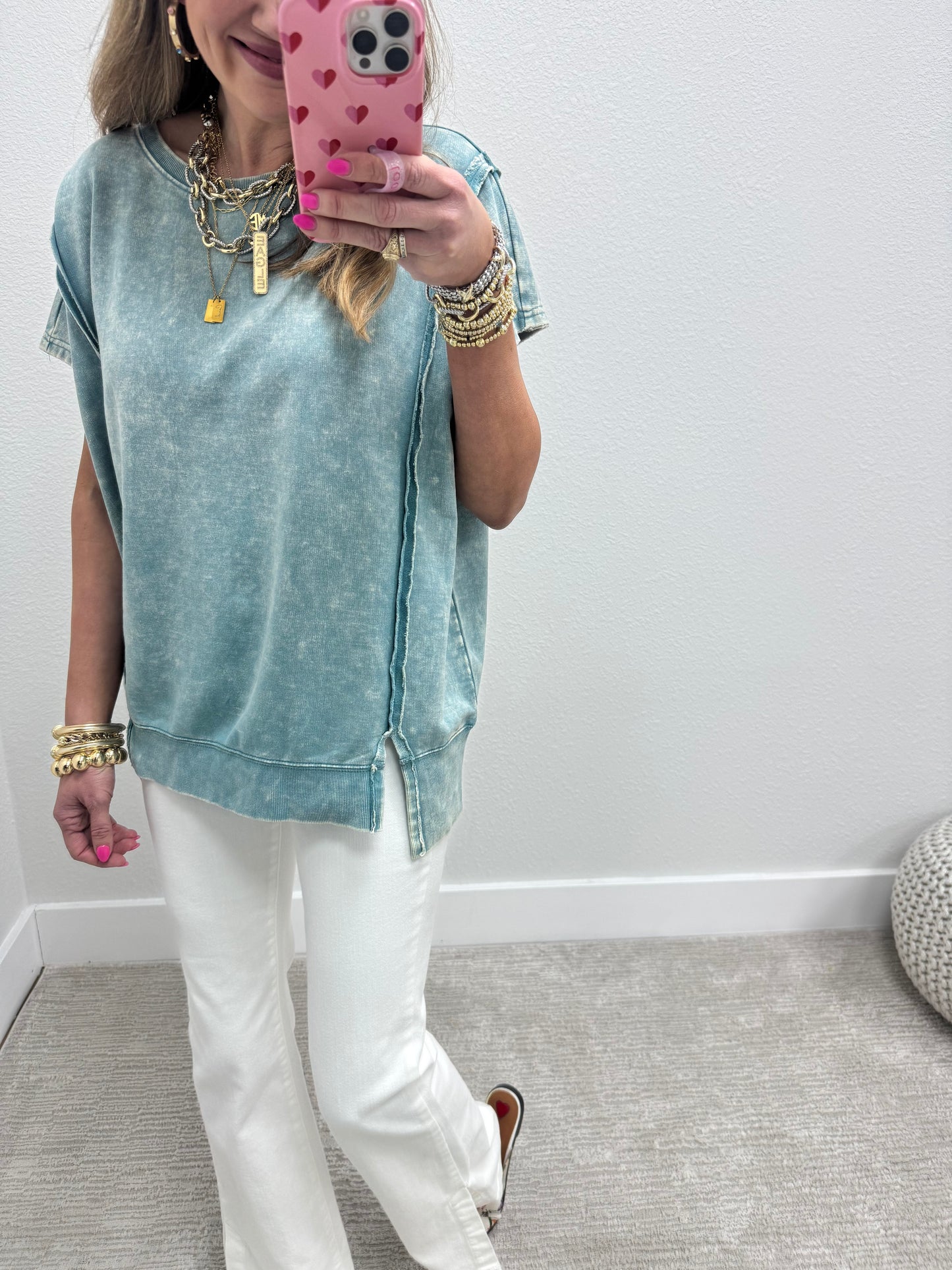 Ash Blue Mineral Washed Exposed Hem Short Sleeve