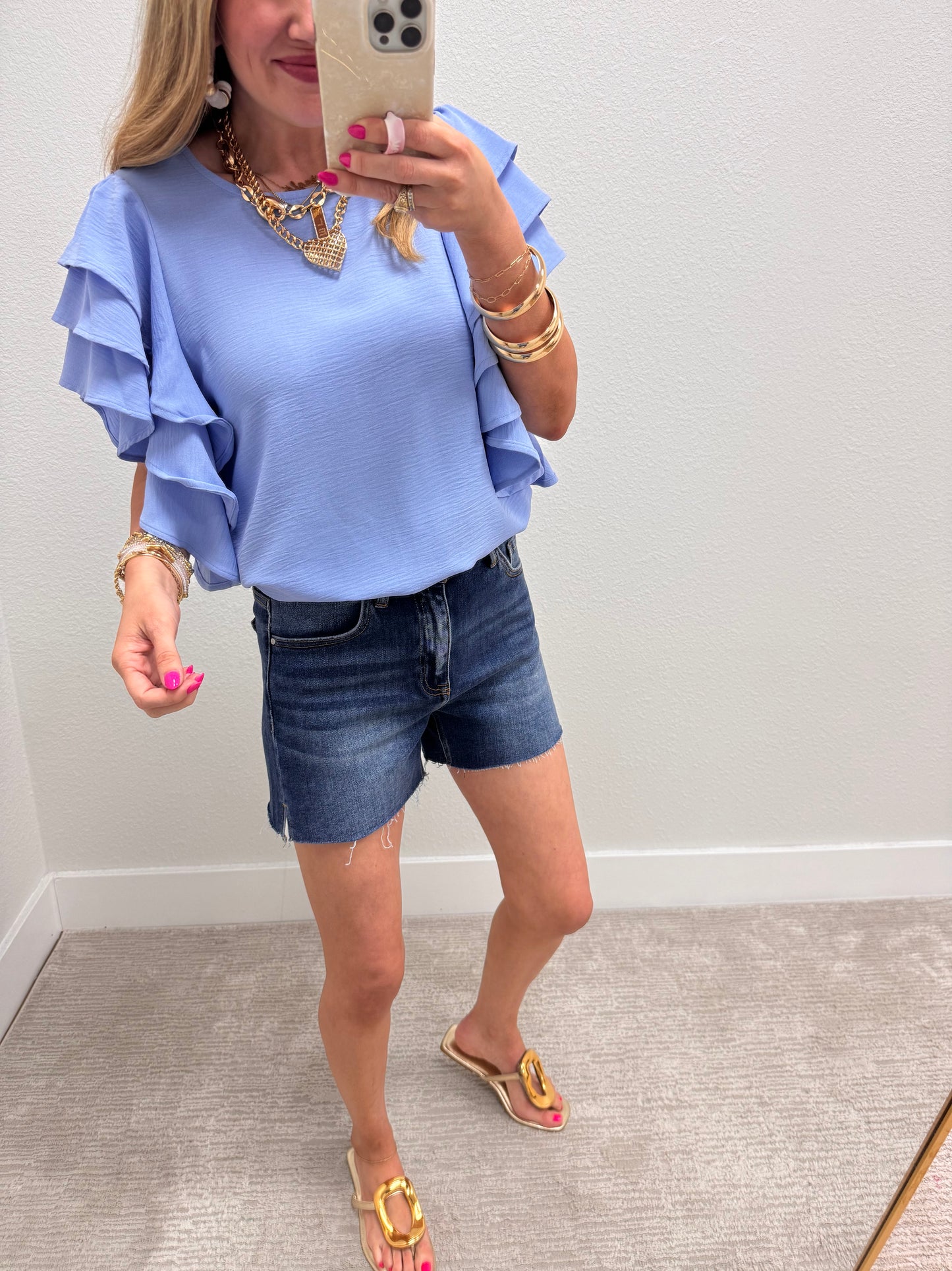 Spring Blue Triple Ruffle Sleeve Top