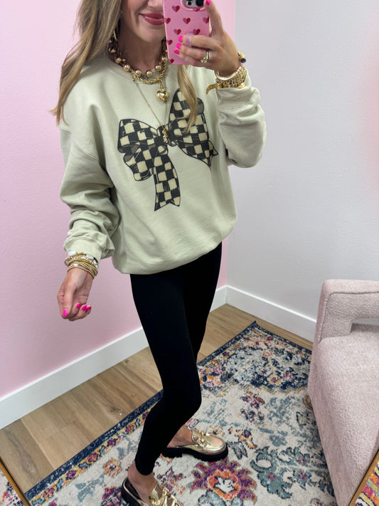 Checkered Bow Crew Neck Sweatshirt FS