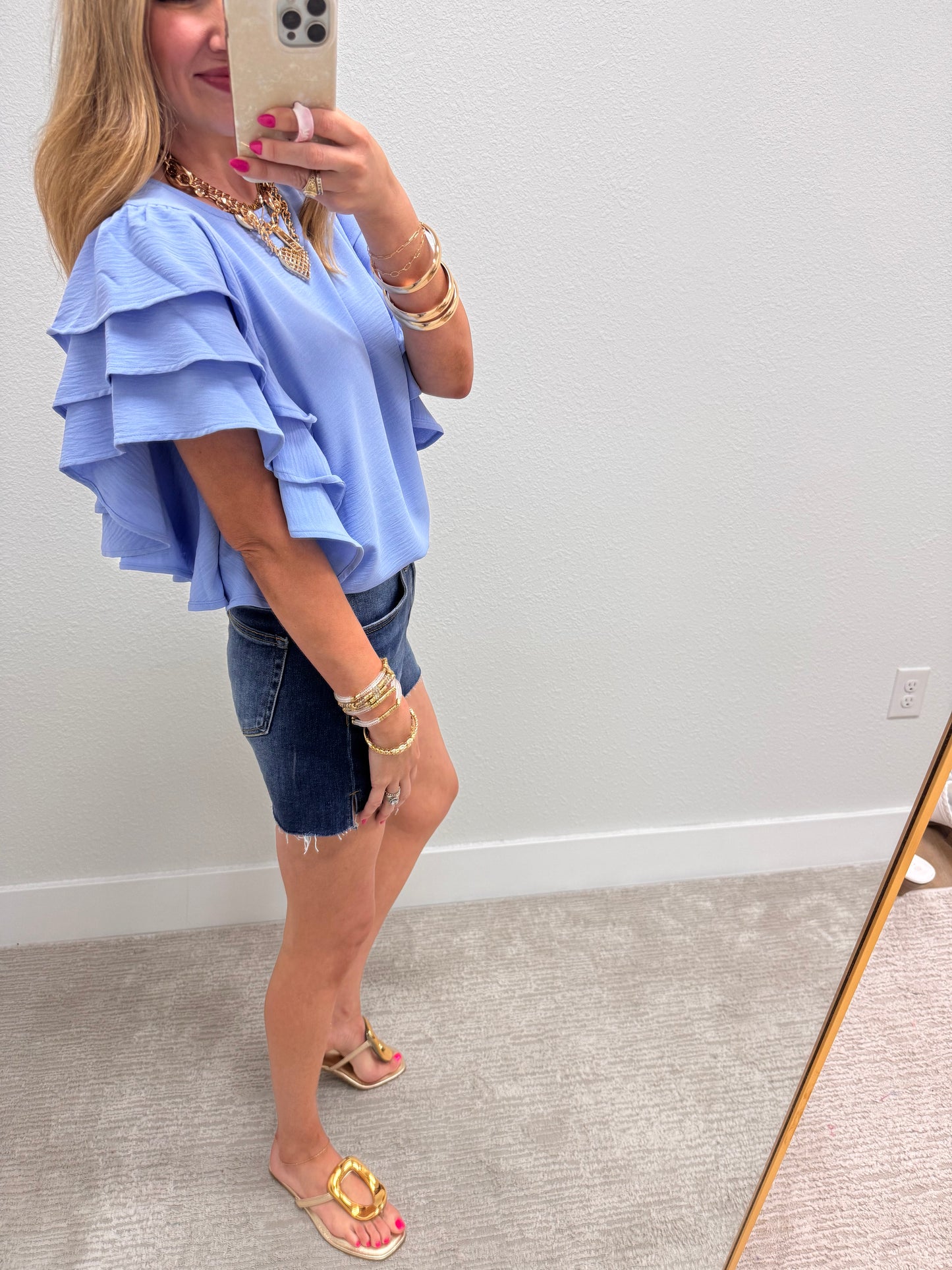 Spring Blue Triple Ruffle Sleeve Top