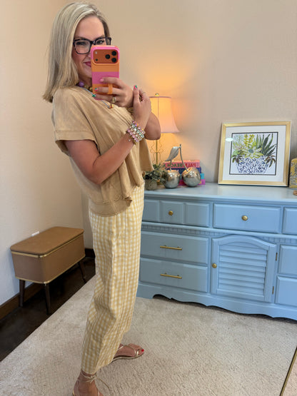 Dark Yellow Washed Gingham Printed Twill Barrel Pants