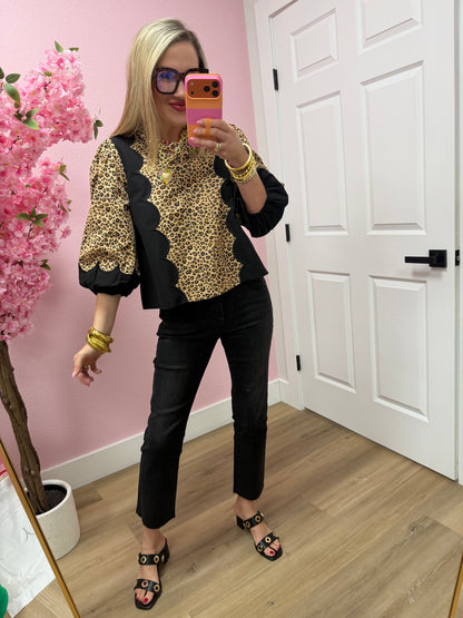 Leopard Taupe High Collar V Neck Top